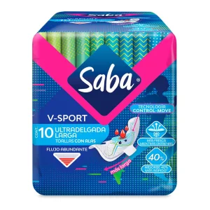Toallas Femeninas Saba V-Sport Ultradelgada Larga con alas 10 pzas